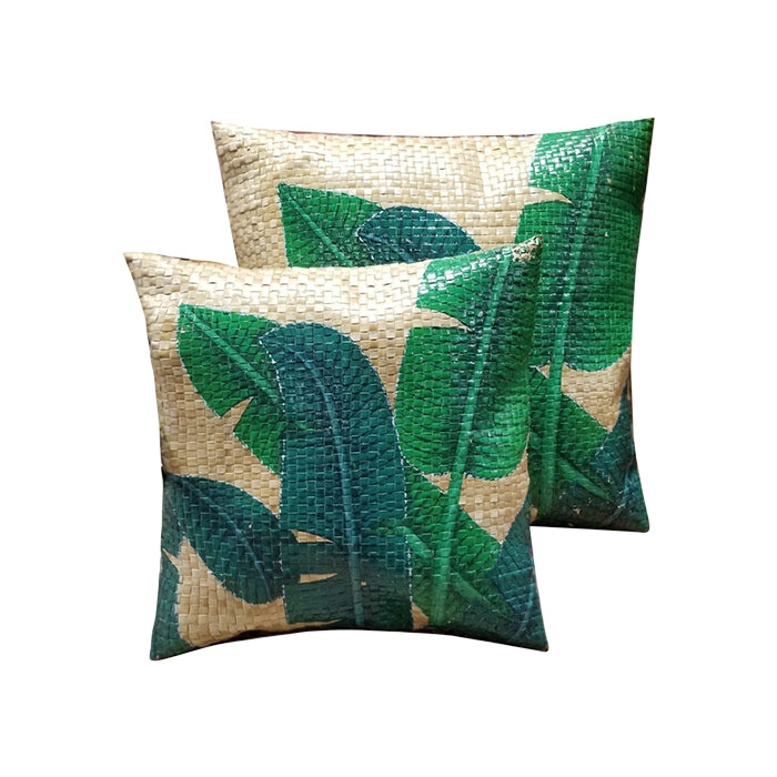 palm leaf printed square pillow green cream