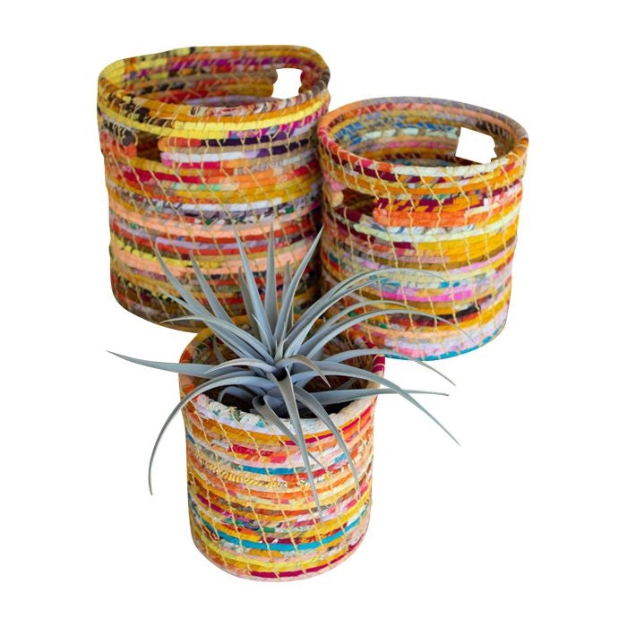 recycled kantha hampers set 3 round colorful