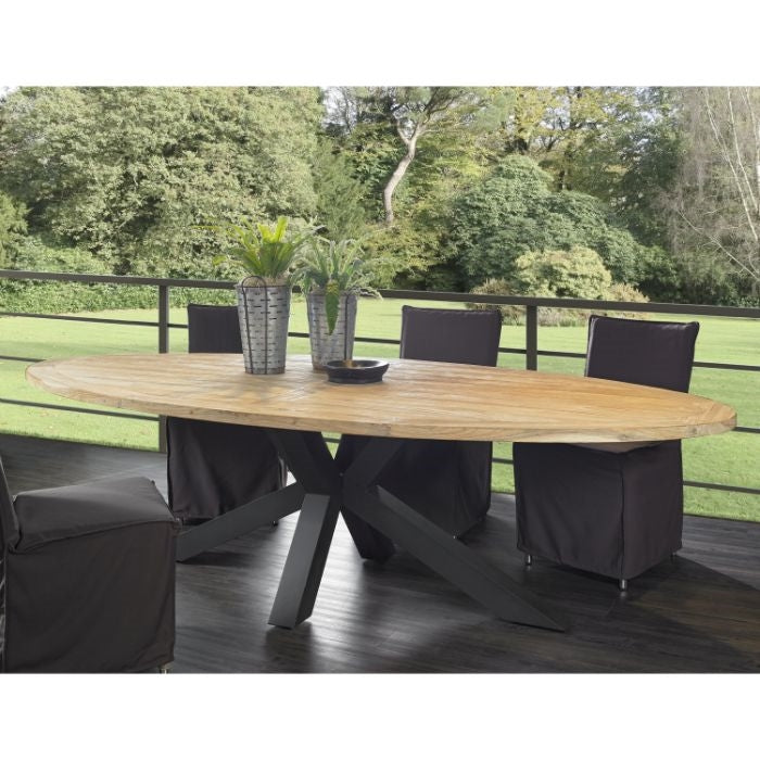 oval outdoor dining table reclaimed teak iron legs
