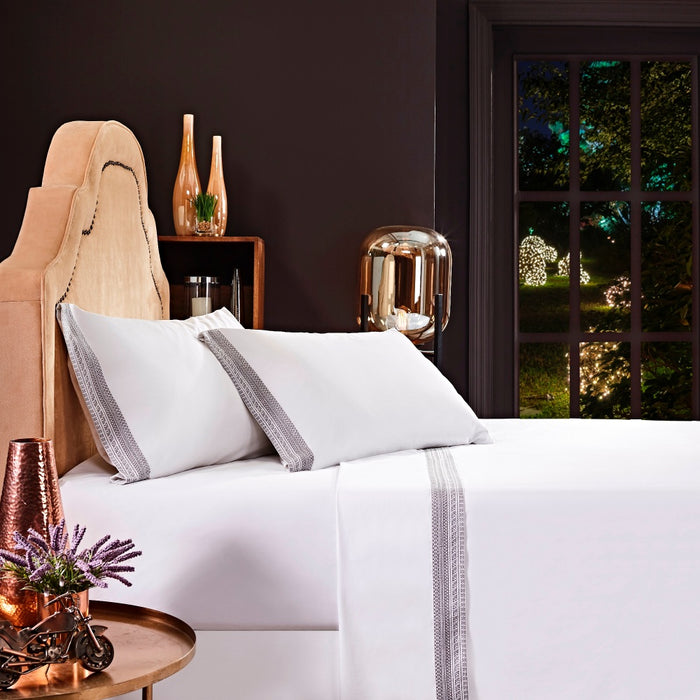 white fog gray embroidered borders sheet set
