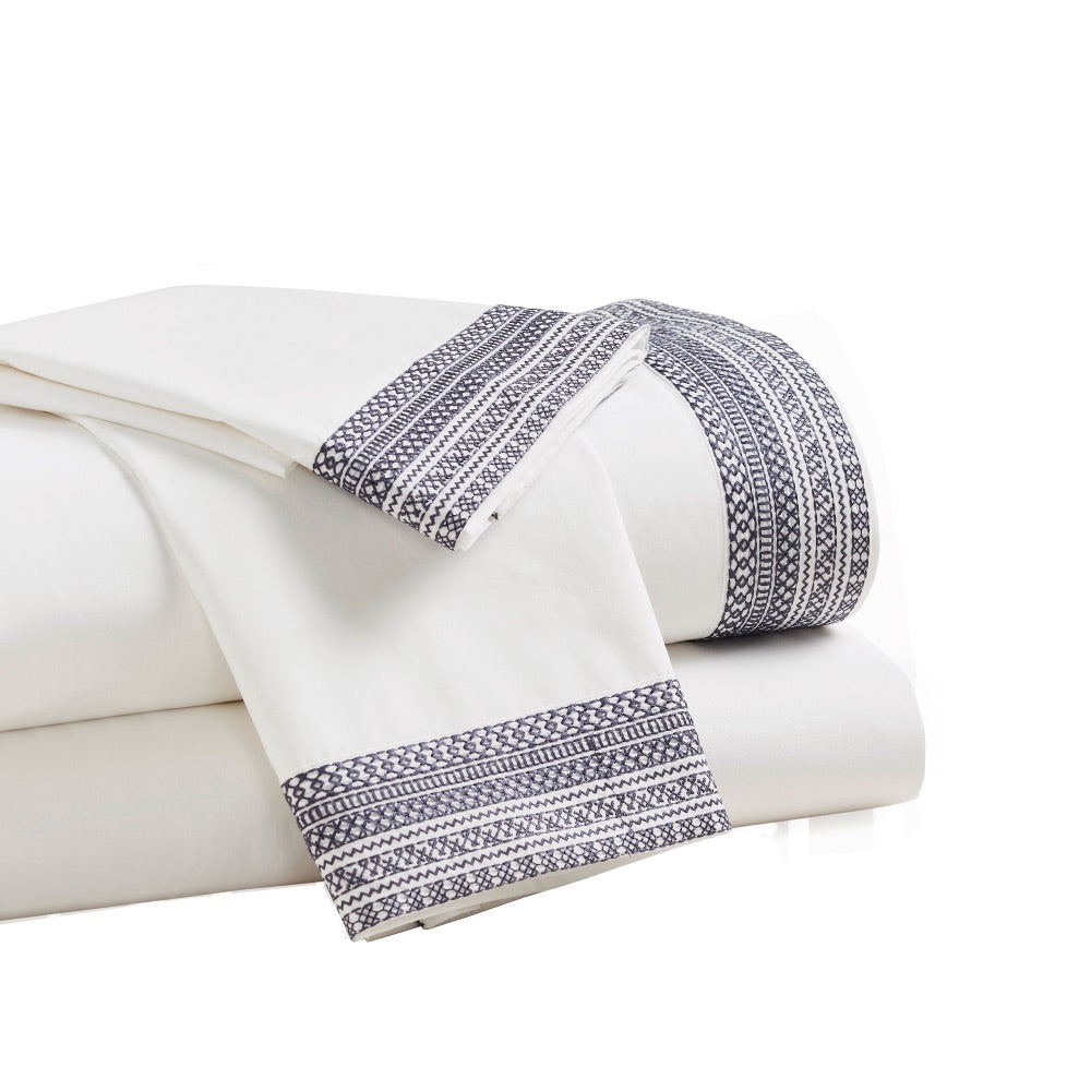 white navy embroidered borders sheet set