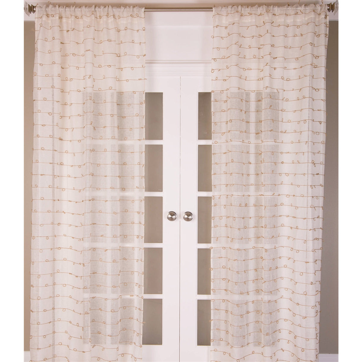 India's Heritage drapery curtain window treatment linen white natural jute knots horizontal rows rod pocket back tabs unlined