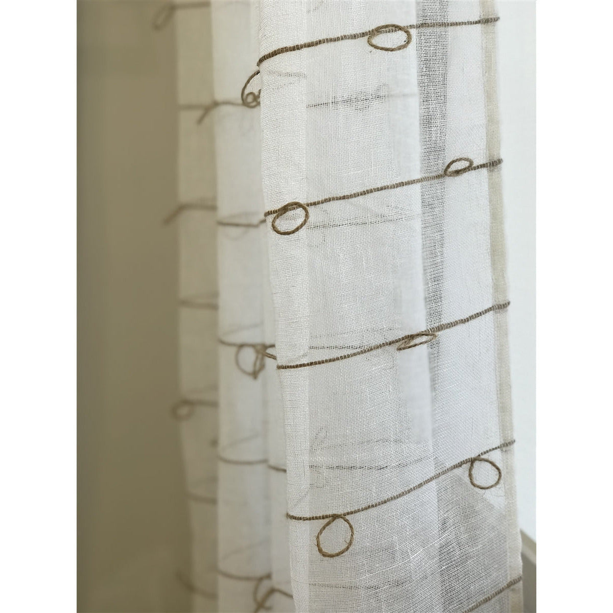 India's Heritage drapery curtain window treatment linen white natural jute knots horizontal rows rod pocket back tabs unlined