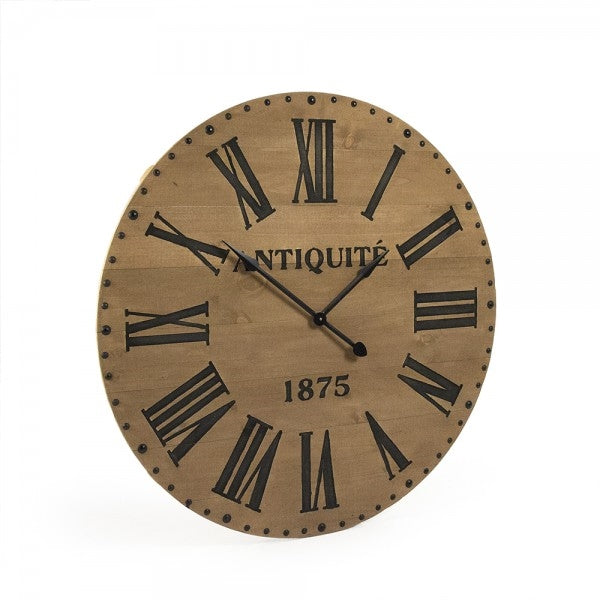 wall clock wood round pine natural black roman numerals hands antique 1875 nail heads