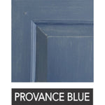 Close-up of a blue painted wooden panel labeled "PROVANCE BLUE" at the bottom, reminiscent of the custom finish options available for the Warren Square Coffee Table by Phillips Scott.