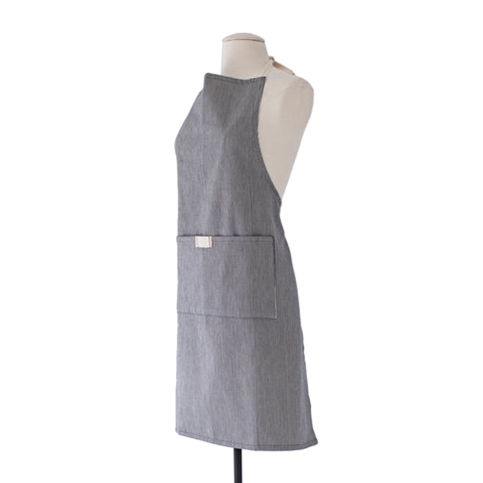 Unisex navy and white stripe full length bistro apron with pocket. Great for casual entertaining. Machine washable