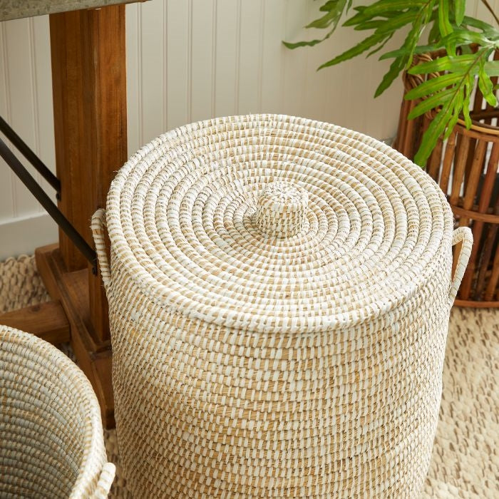 hamper basket handwoven natural white