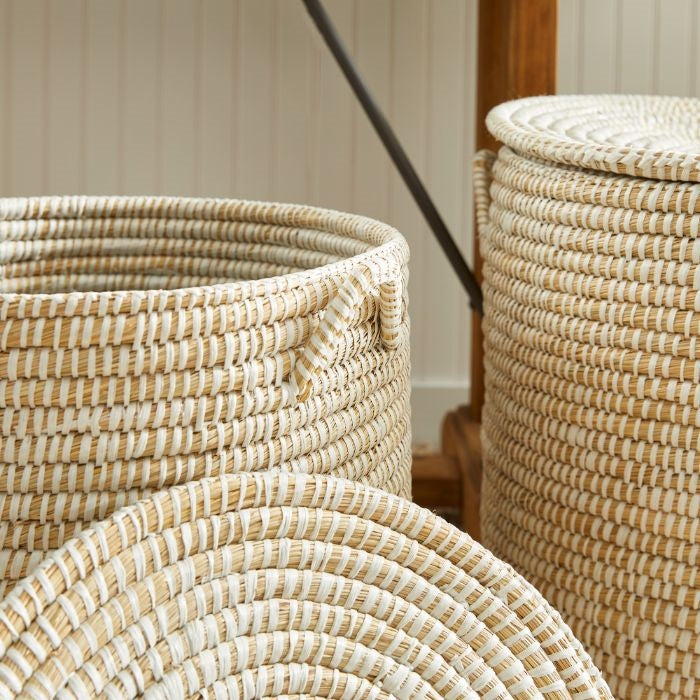 hamper basket handwoven natural white