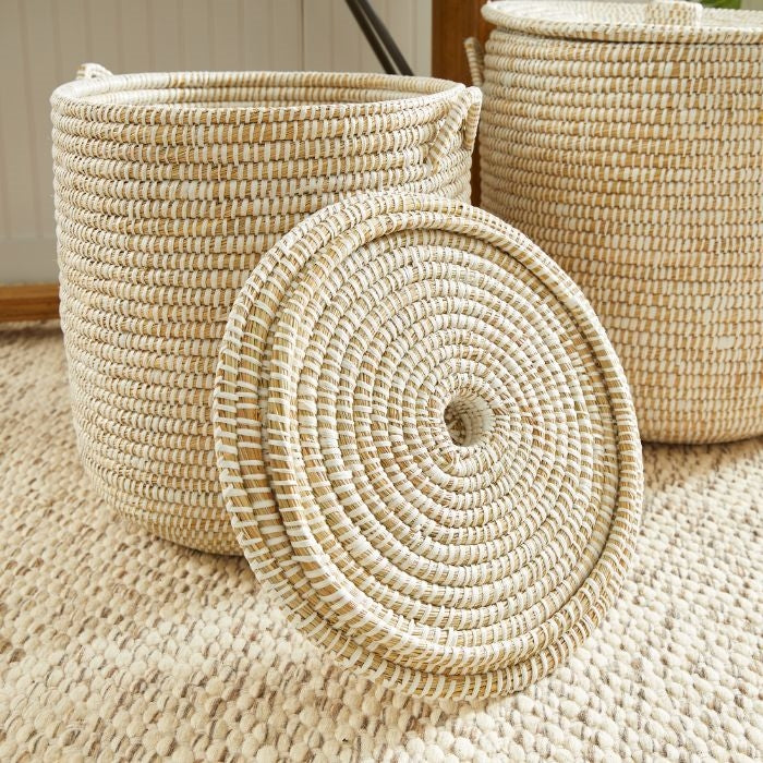 hamper basket handwoven natural white