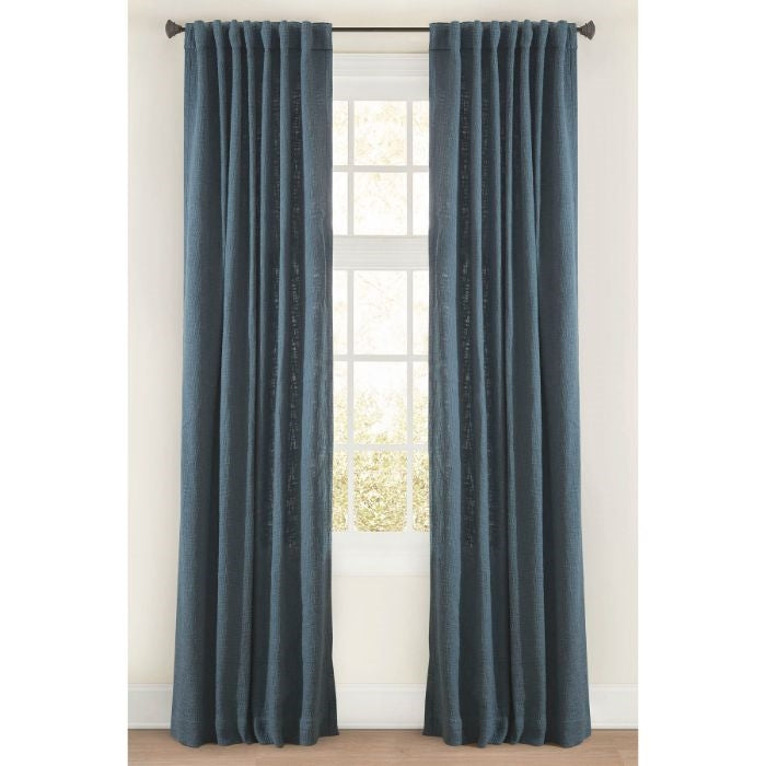 Emdee International drapery curtain panel window treatment cotton boucle texture woven lined 3" rod pocket hidden tabs ready-made ocean blue