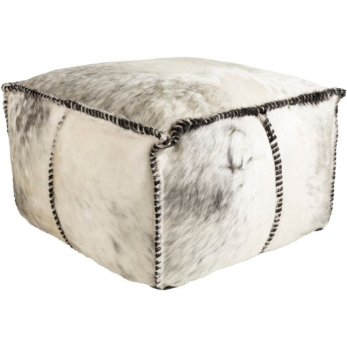 white gray hair on hide square floor pouf