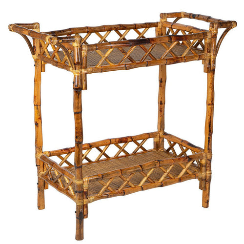 Introducing the Tortoise Shell Bamboo Beverage Stand by Kenian, a stylish two-tier serving cart crafted with a sturdy bamboo frame, featuring woven rattan shelves and an elegant lattice design.