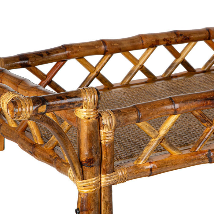 Close-up of the Tortoise Shell Bamboo Beverage Stand by Kenian, featuring a woven surface and lattice sides, perfect as a charming display.