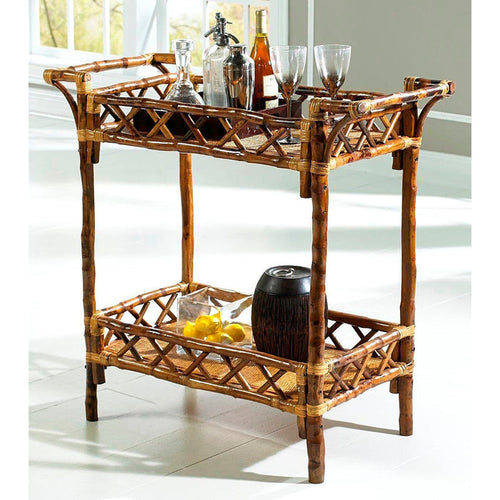The Kenian Tortoise Shell Bamboo Beverage Stand elegantly displays drinks, glasses, and lemons on a white floor.
