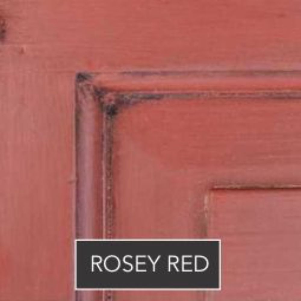 Swatch labeled ROSEY RED with door close-up.