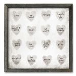 neutral framed shelf art candy hearts