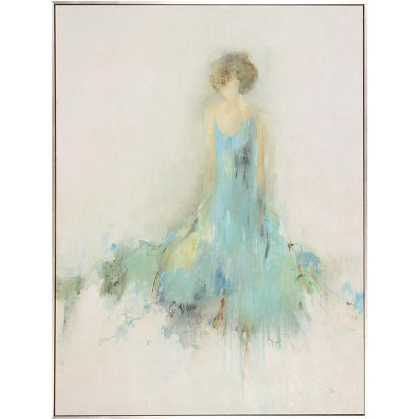 canvas painting woman blue dress gold frame