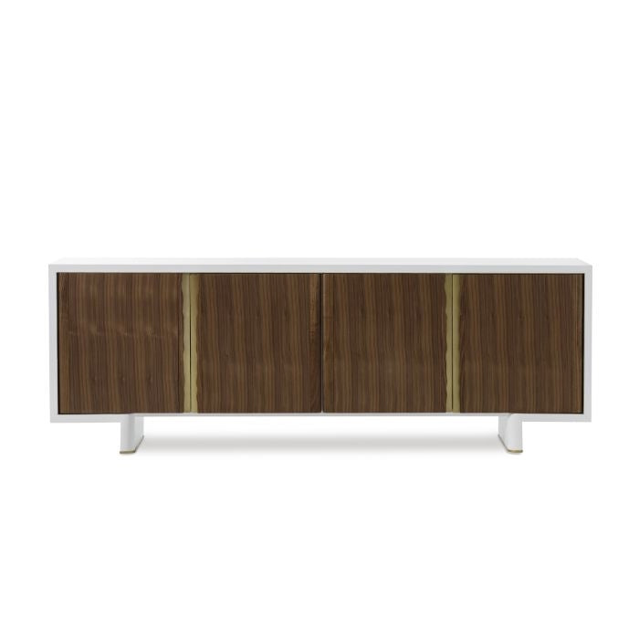 white lacquer modern credenza brass trim