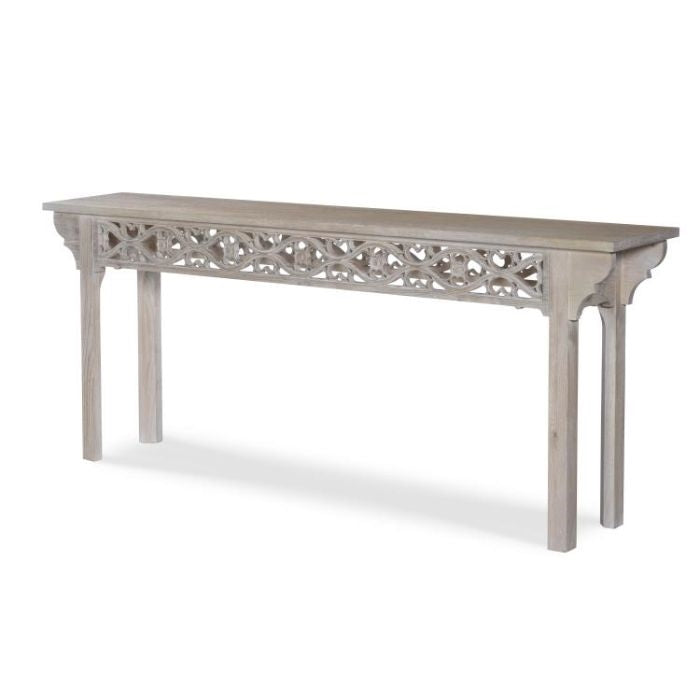 extra-wide white washed console table fretwork