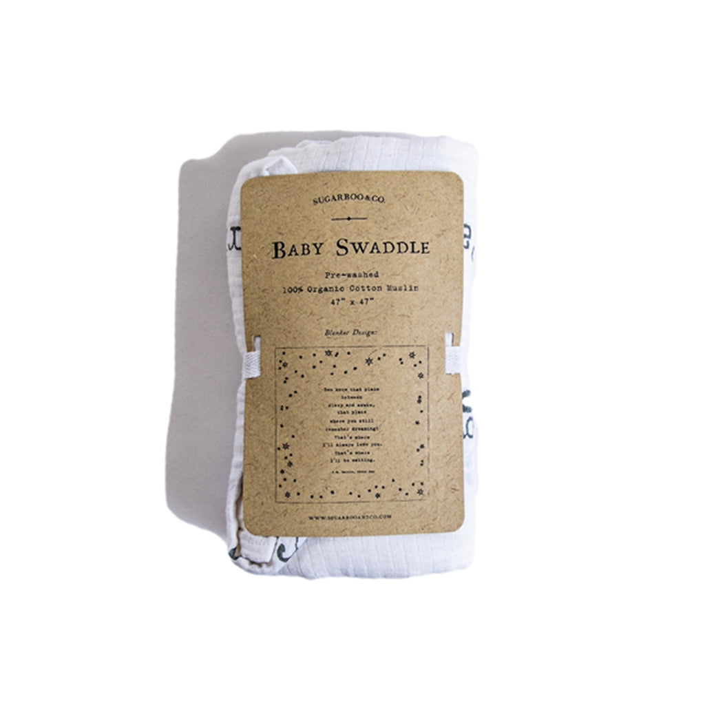 white black baby swaddle Peter Pan quote