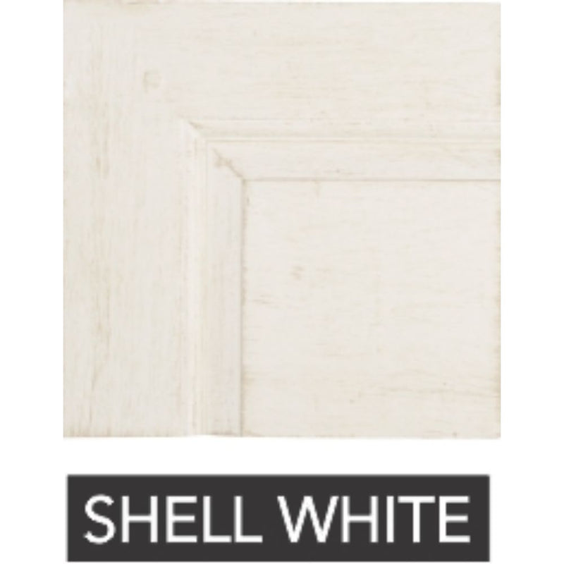 A wooden cabinet door with a shell white finish, shown with the text "SHELL WHITE" underneath. Perfect for pairing with the Phillips Scott Warren Square Coffee Table, which offers a dark stain finish or other custom finishing options.