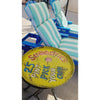 The Retro Strawberries Metal Tray by BSEID features a charming "Pick Your Own Strawberries 25¢ pint" design, perfectly complementing the vintage feel of striped blue and white lawn chairs.