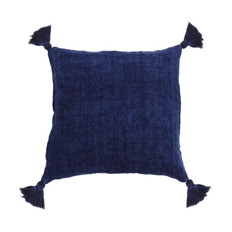 pillow linen square tassels indigo navy feather down insert