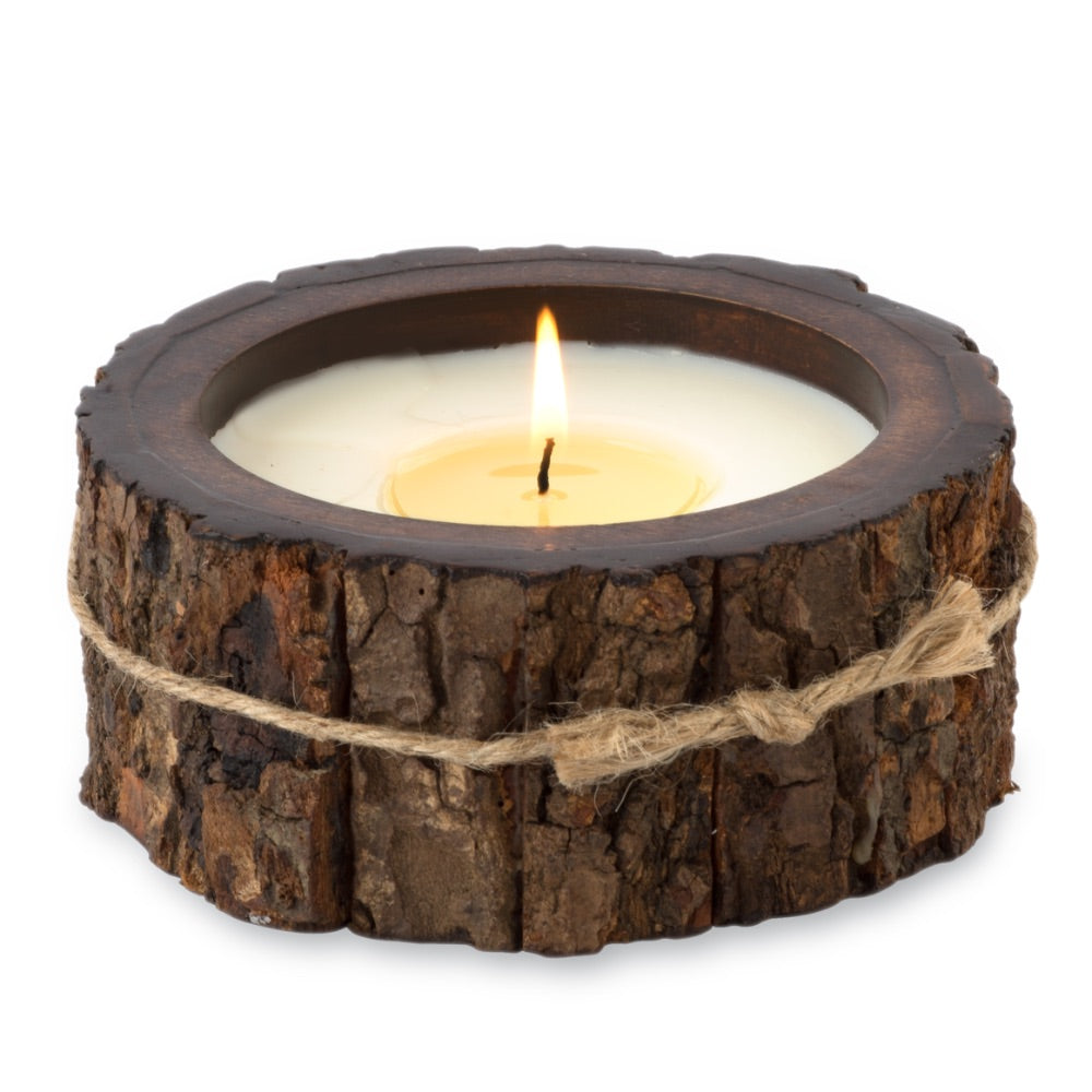 flat round brown wood candle
