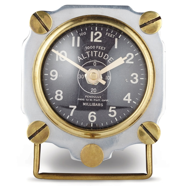 table clock round silver brushed aluminum brass screws black face aircraft WWII altitude pilot