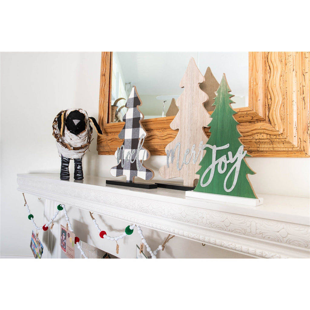 set 3 wood cutout Christmas trees, green joy natural merry black + white buffalo check Noel