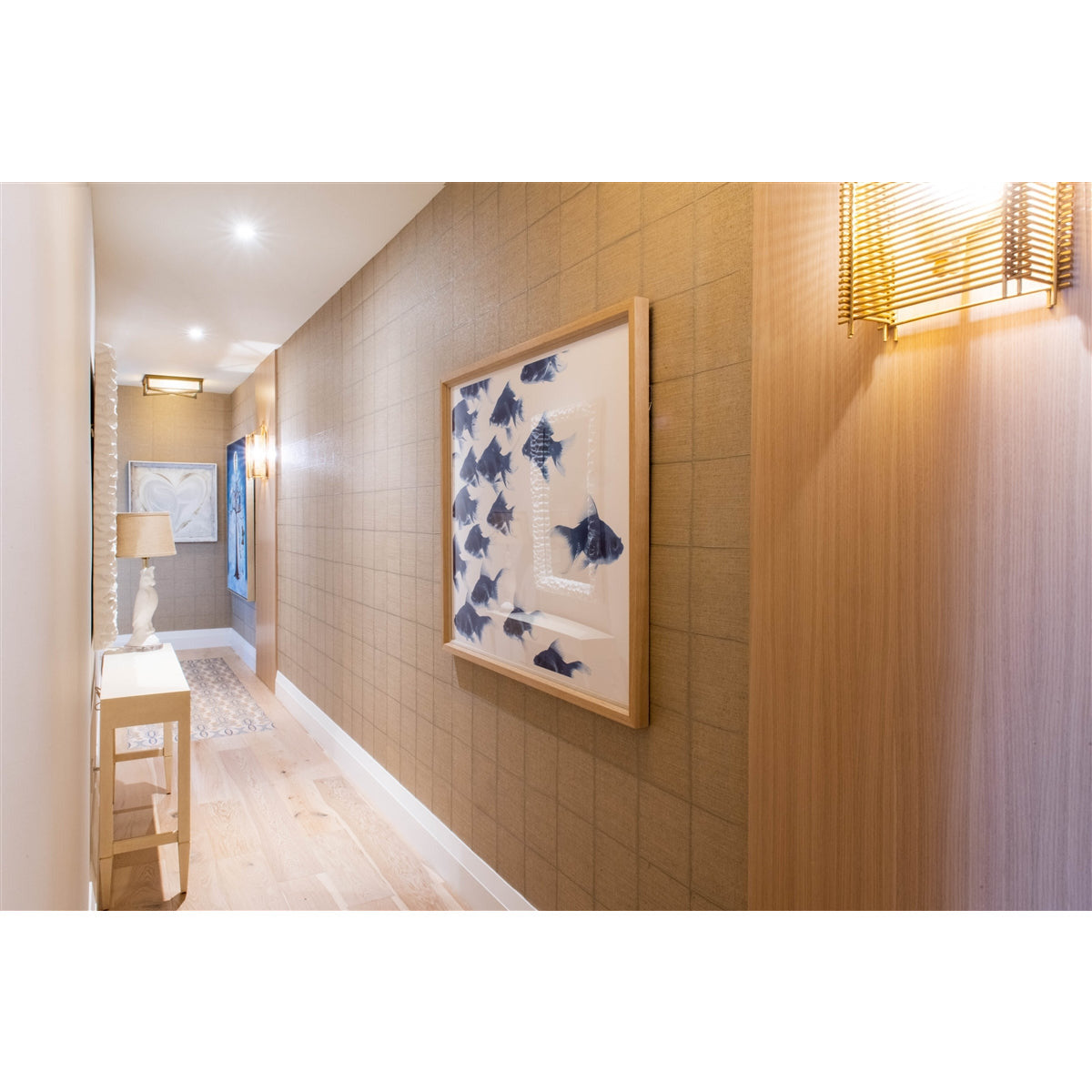 coastal blue fish natural wood framed wall art