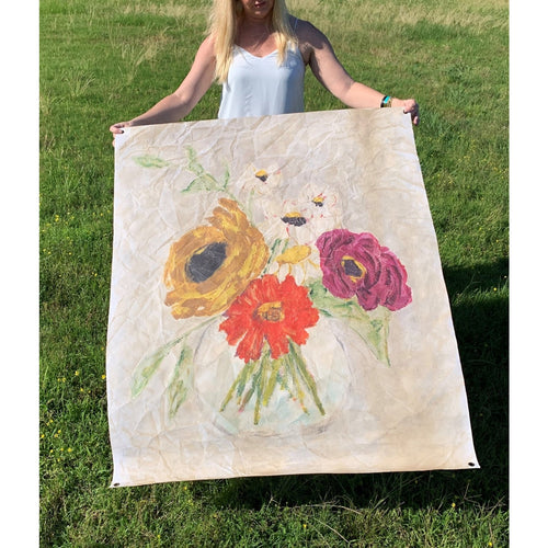 large bright color flowers abstract art paper grommets yellow pink