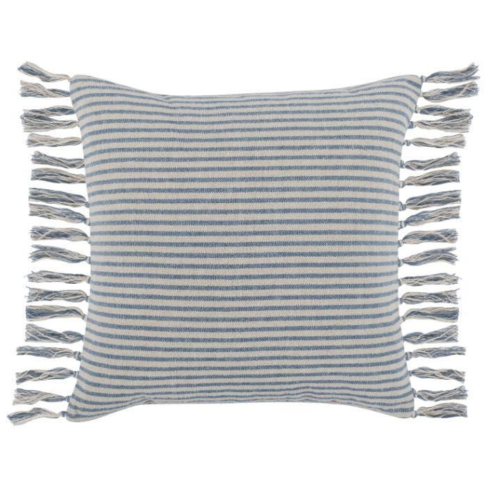 Blue and white stripped pillow with tassels