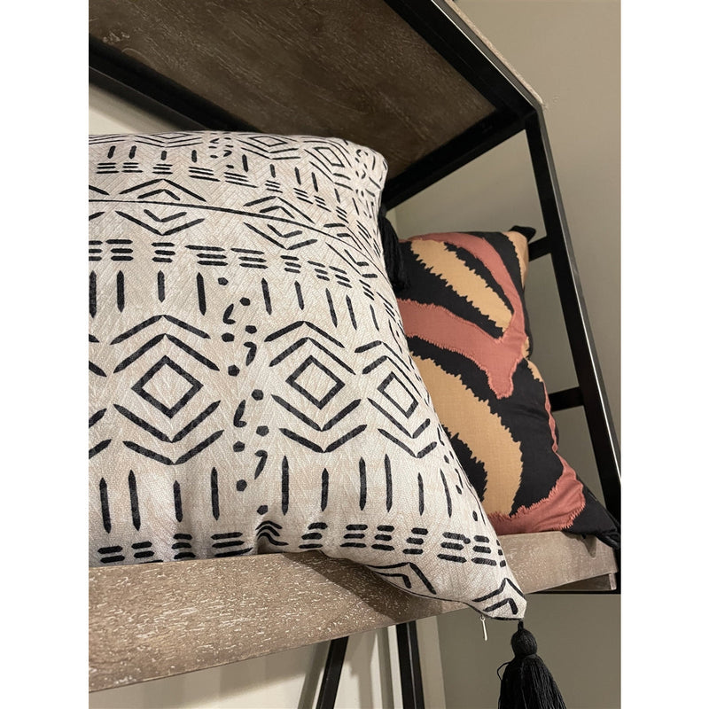 square indoor/outdoor pillow tassels black off-white tribal