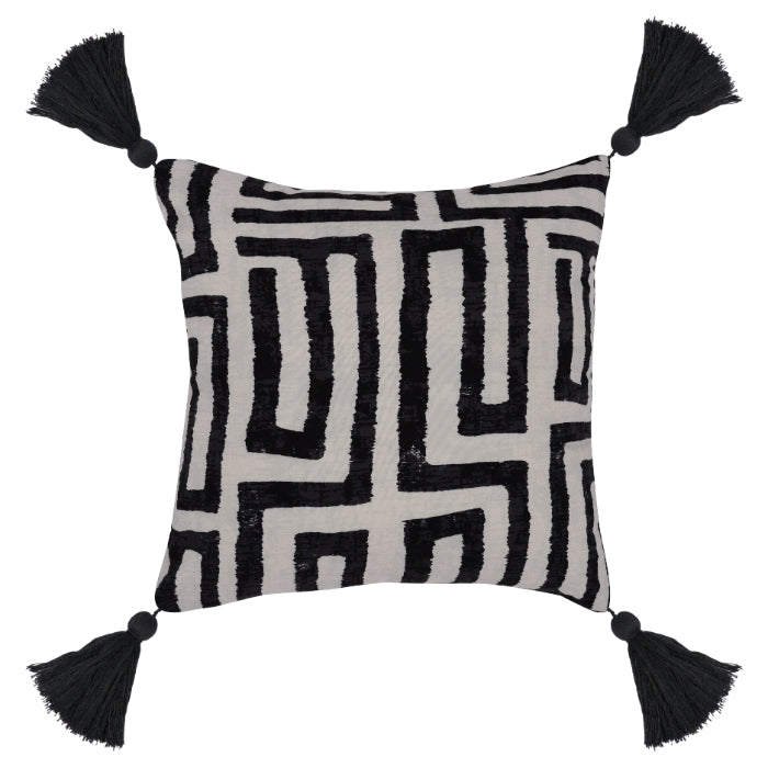 square black off-white indoor/outdoor contemporary pillow tassels 20"