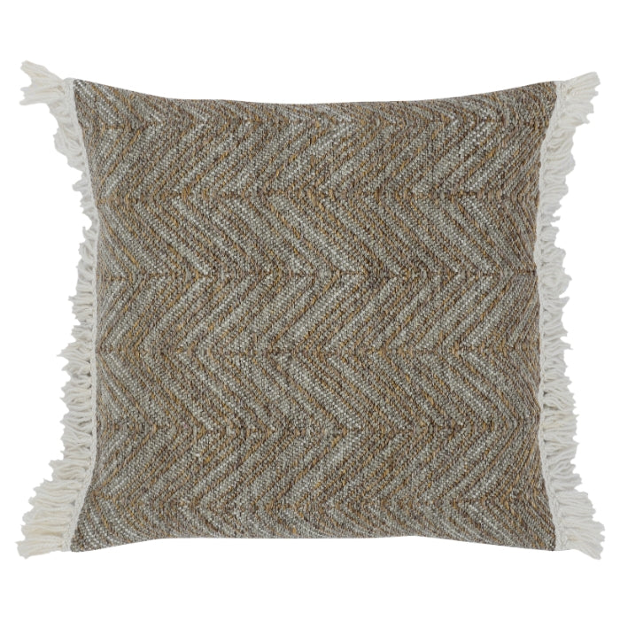 square pillow tan gray dune herringbone off-white fringe
