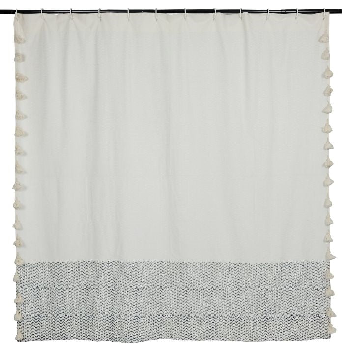 designer shower curtain navy block print neutral
