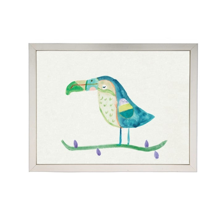 wall art children's watercolor turquoise toucan bird silver frame