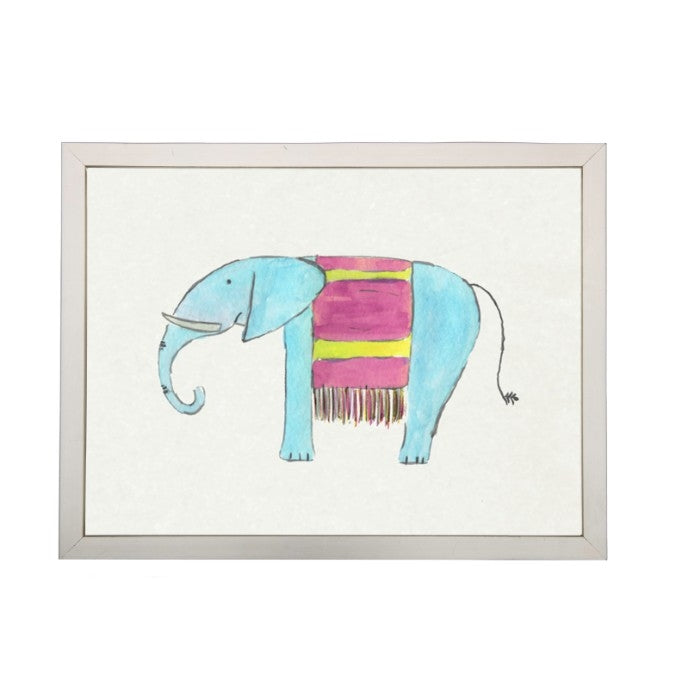 wall art children's watercolor turquoise pink blanket elephant silver frame