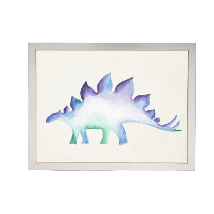 wall art children's water color blue purple stegosaurus dinosaur framed silver frame Antique Curiosities