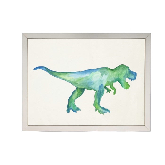 wall art children's water color blue green T-Rex dinosaur framed silver frame Antique Curiosities