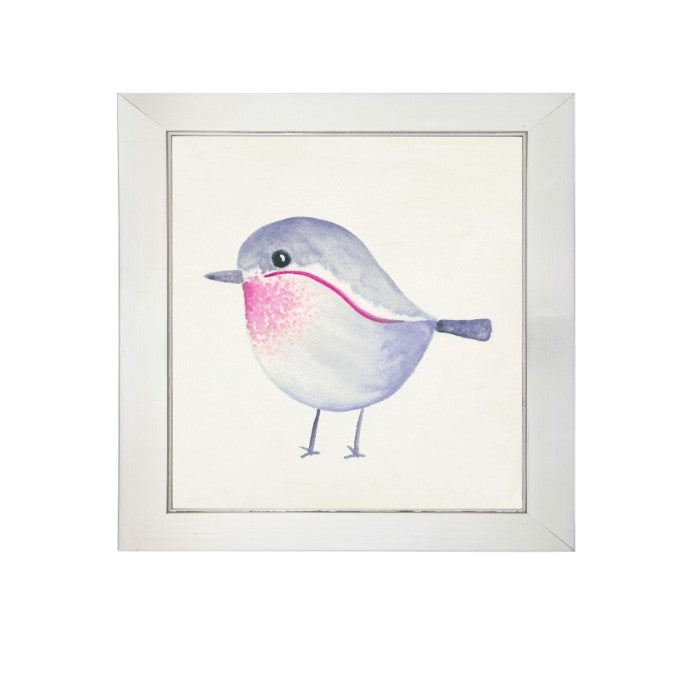 wall art children's watercolor grey pink bird square silver frame