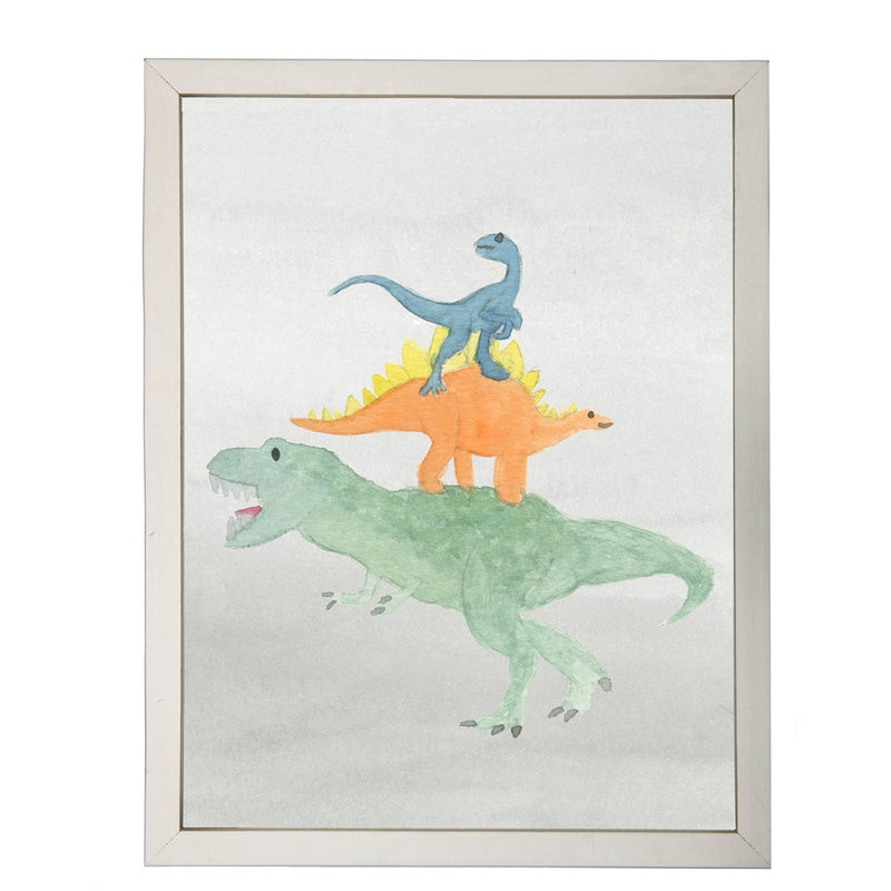 rectangle art print watercolor dinosaur orange green blue silver frame