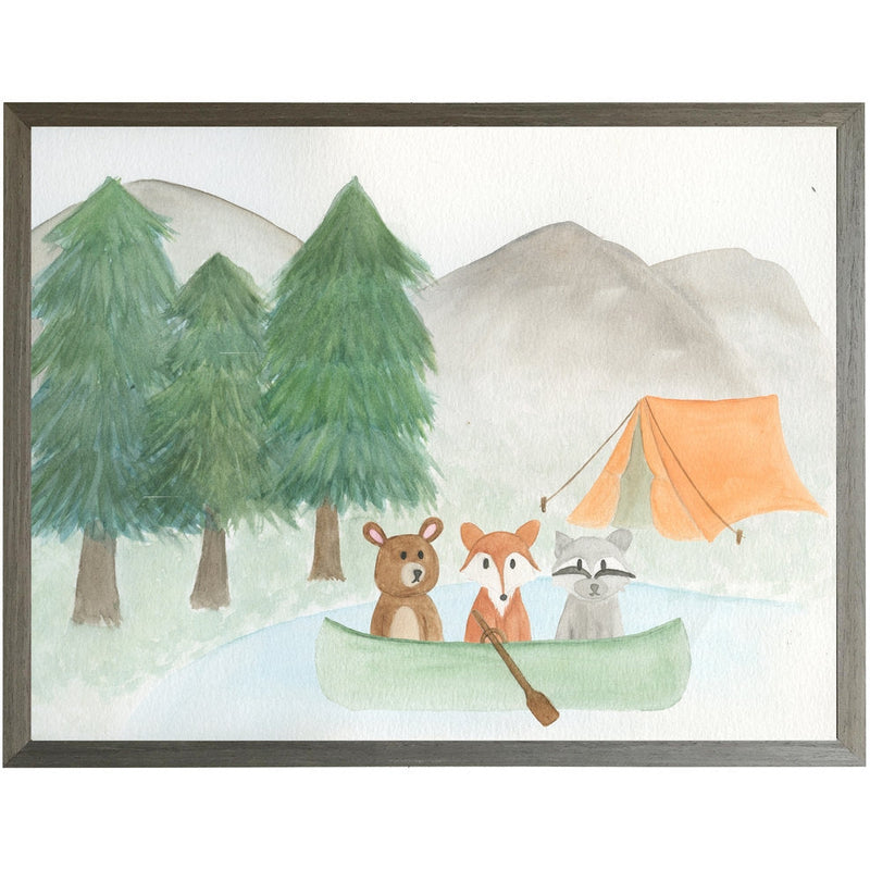 rectangle art print watercolor woodland animals bear fox racoon tent trees