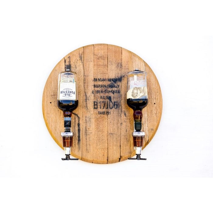 barrel head round wood rustic whiskey dispenser