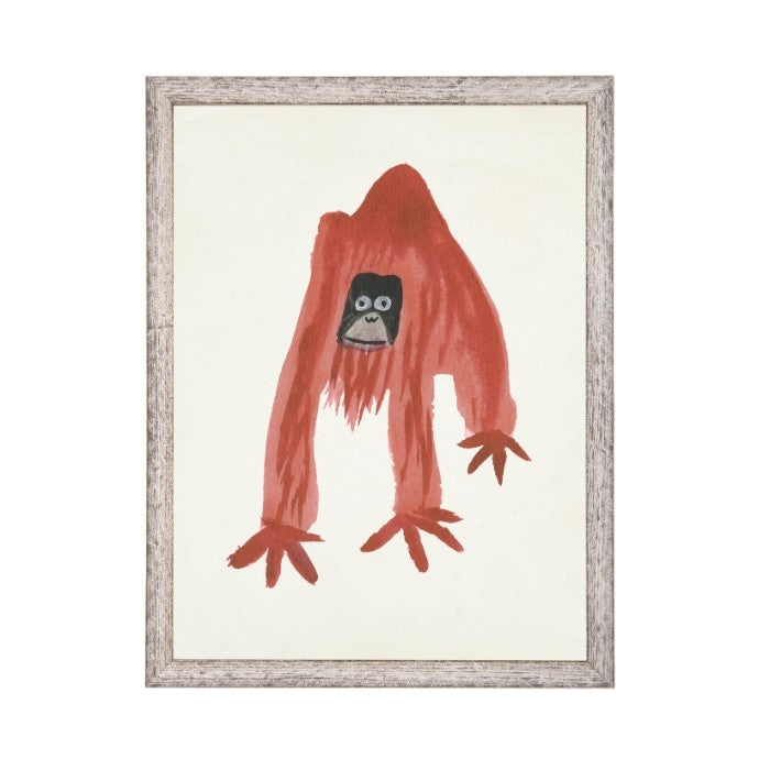 wall art children's watercolor red monkey wood frame grey