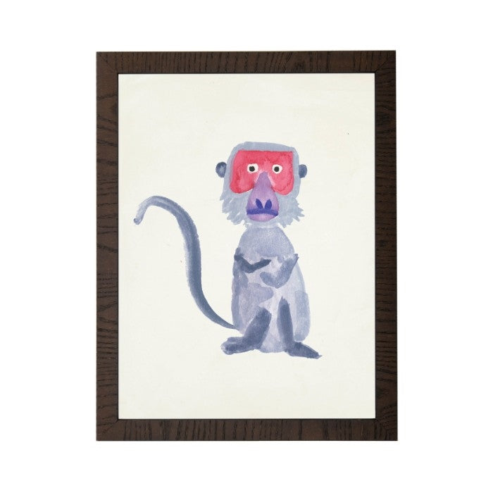 wall art children's watercolor red face gray monkey wood frame grey