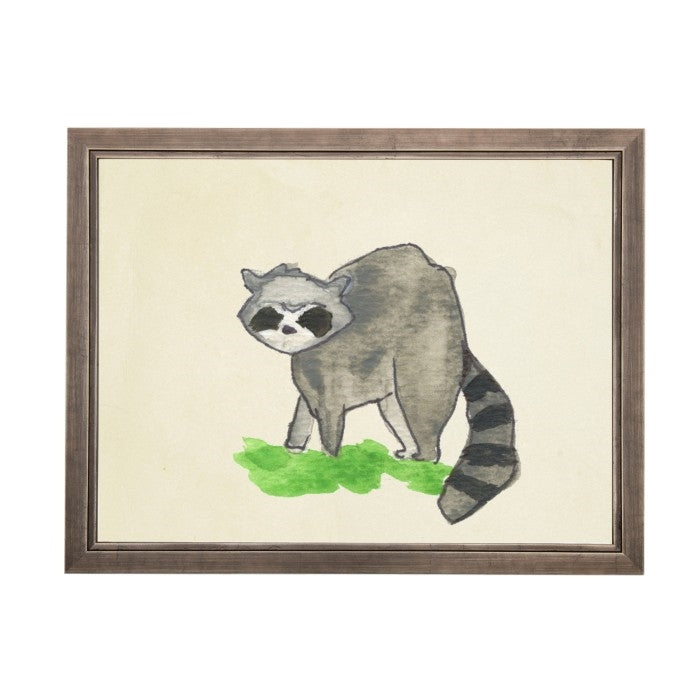 wall art racoon animal water color grey/blue frame wood glass reproduction Antique Curiosities