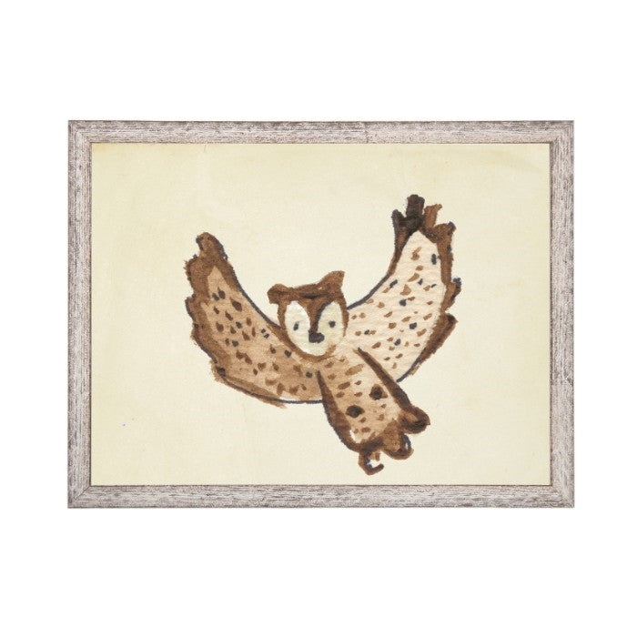 wall art owl animal water color grey/blue frame wood glass reproduction Antique Curiosities