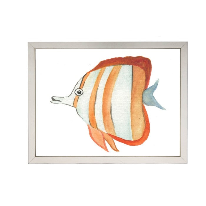 wall art children's watercolor orange stripes fish silver frame
